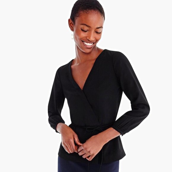 J.Crew Drapey Crepe Faux-Wrap Top in Black. Size 4T - Picture 1 of 8